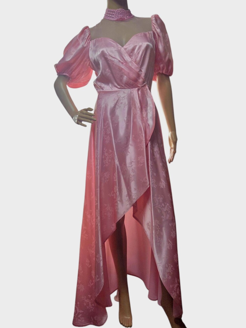 Vintage 1980's Pink Victorian Dress Satin Puff Sleeve High-Low Dress 4 6 Small